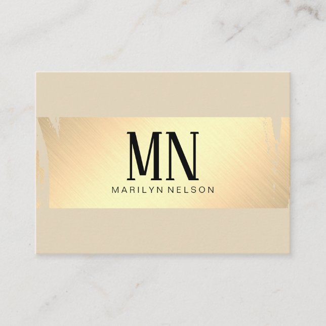 Faux Gold Brushed with Chic Monogram / Beige Business Card (Front)