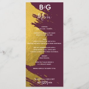 Faux Gold Brushstrokes Burgundy, Monogram Wedding Menu