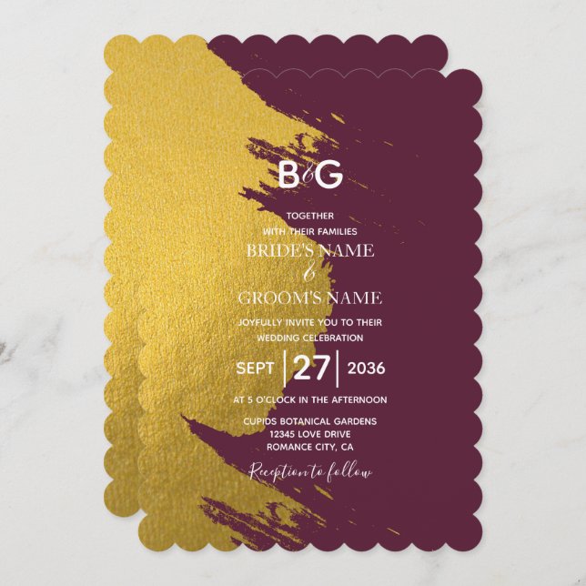 Faux Gold Brushstrokes & Burgundy with Monogram In Invitation (Front/Back)