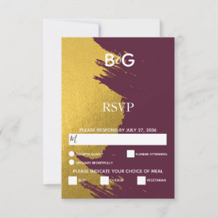 Faux Gold Brushstrokes & Burgundy with Monogram RSVP Card