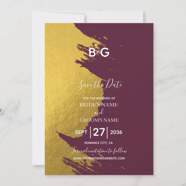 Faux Gold Brushstrokes & Burgundy with Monogram Save The Date (Front)