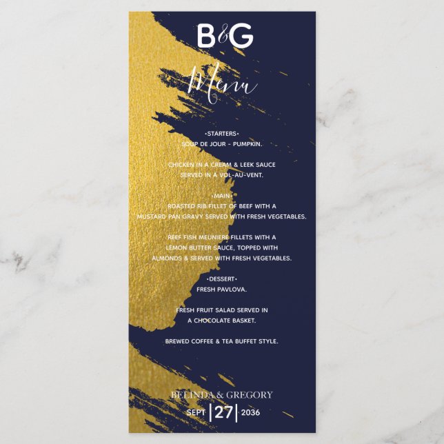 Faux Gold Brushstrokes Navy Blue Monogram Wedding  Menu (Front)