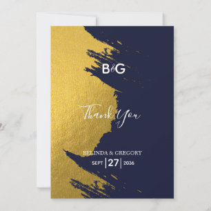 Faux Gold Brushstrokes Navy Blue Monogram Wedding Thank You Card