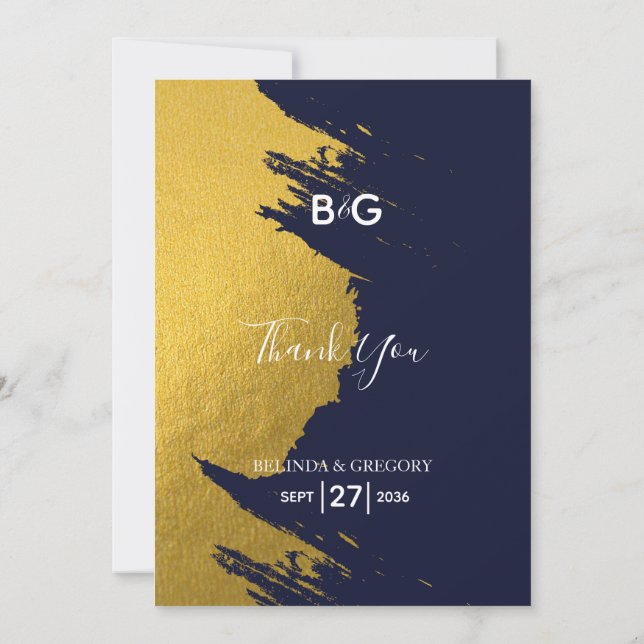Faux Gold Brushstrokes Navy Blue Monogram Wedding Thank You Card (Back)