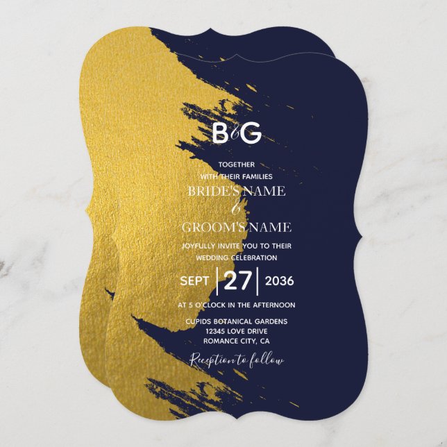 Faux Gold Brushstrokes & Navy Blue with Monogram I Invitation (Front/Back)