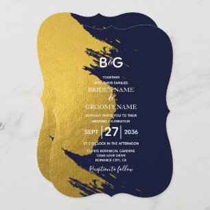 Faux Gold Brushstrokes & Navy Blue with Monogram I Invitation