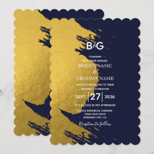 Faux Gold Brushstrokes & Navy Blue with Monogram I Invitation