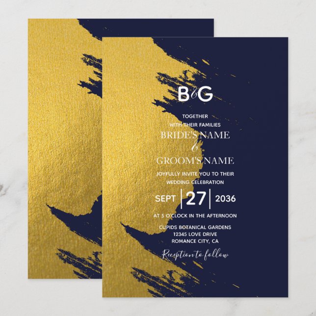 Faux Gold Brushstrokes & Navy Blue with Monogram Invitation (Front/Back)