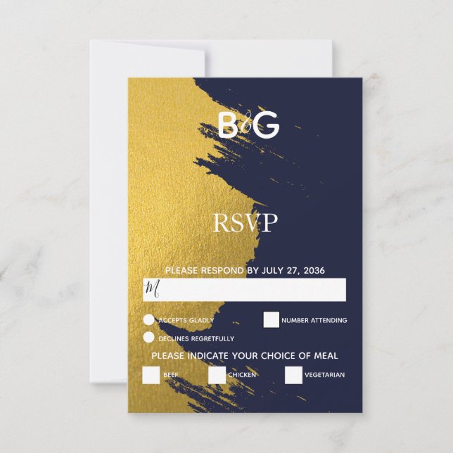 Faux Gold Brushstrokes & Navy Blue with Monogram RSVP Card (Front)