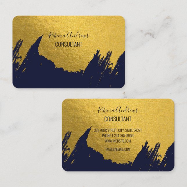 Faux Gold Brushstrokes with Navy Blue Background Business Card (Front/Back)