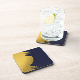 Faux Gold Brushstrokes with Navy Blue Background Coaster