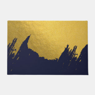 Faux Gold Brushstrokes with Navy Blue Background Doormat