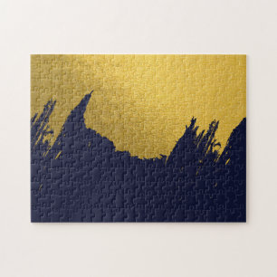 Faux Gold Brushstrokes with Navy Blue Background Jigsaw Puzzle