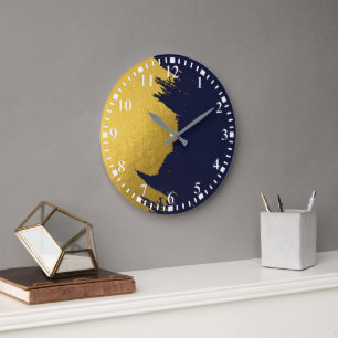 Faux Gold Brushstrokes with Navy Blue Background Large Clock