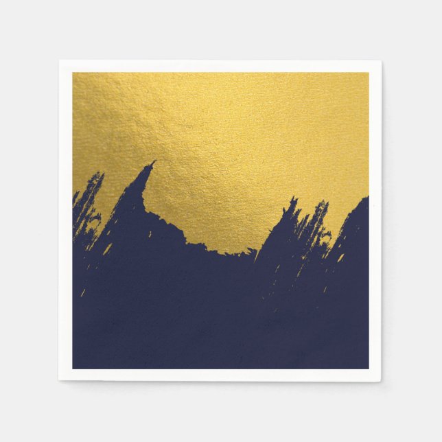 Faux Gold Brushstrokes with Navy Blue Background Napkin (Front)