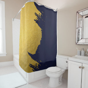 Faux Gold Brushstrokes with Navy Blue Background Shower Curtain