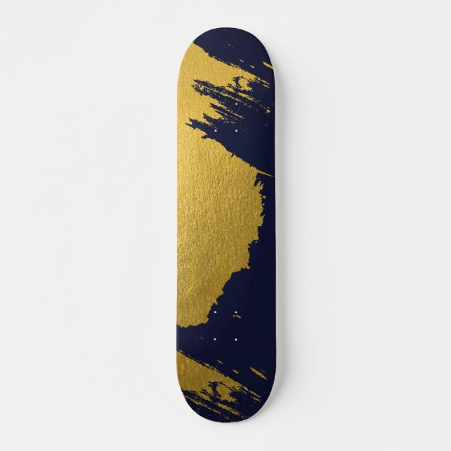 Faux Gold Brushstrokes with Navy Blue Background Skateboard (Front)