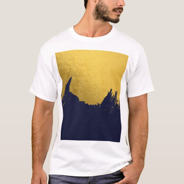 Faux Gold Brushstrokes with Navy Blue Background T-Shirt (Front)