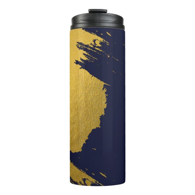 Faux Gold Brushstrokes with Navy Blue Background Thermal Tumbler (Front)