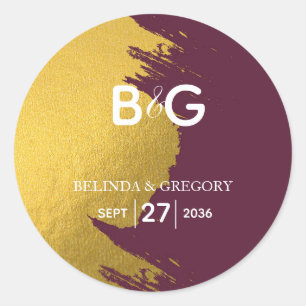 Faux Gold Burgundy, Monogram Wedding Classic Round Sticker