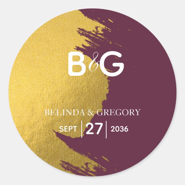Faux Gold Burgundy, Monogram Wedding Classic Round Sticker (Front)