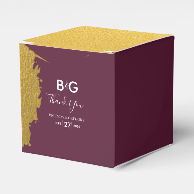 Faux Gold Burgundy, Monogram Wedding Favour Box (Front Side)