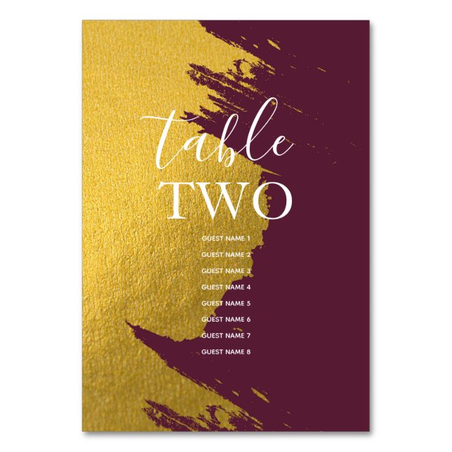 Faux Gold Burgundy, Monogram Wedding Guest Names Table Number (Front)