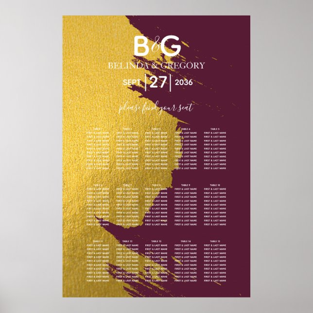 Faux Gold Burgundy, Monogram Wedding Seating Chart (Front)