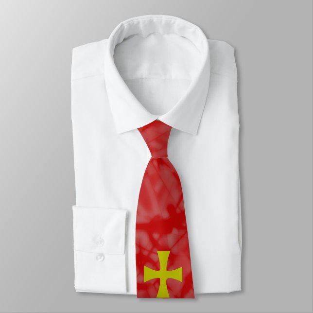 Faux Gold Byzantine Cross on Red Tie (Tied)