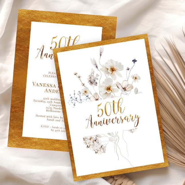 Faux Gold Calligraphy Floral 50th Anniversary Invitation (Golden 50th Anniversary Invitation Faux Gold Calligraphy, Floral 50th Anniversary Invitation,  )