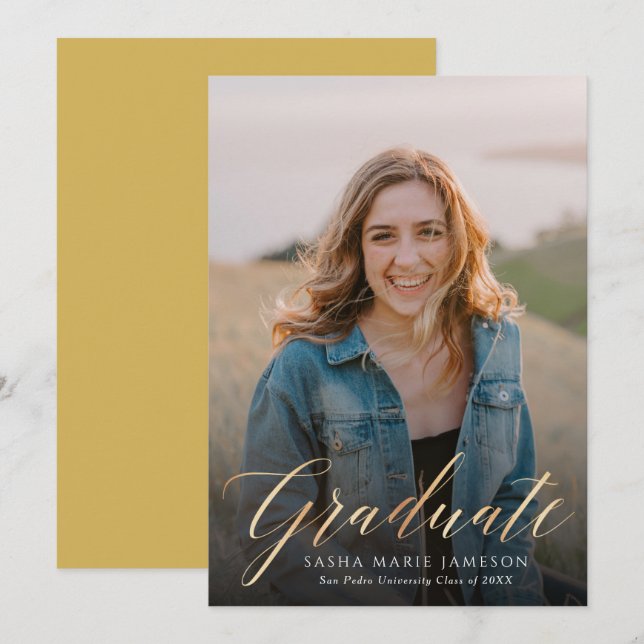 Faux Gold Calligraphy Graduate Photo Invitation (Front/Back)