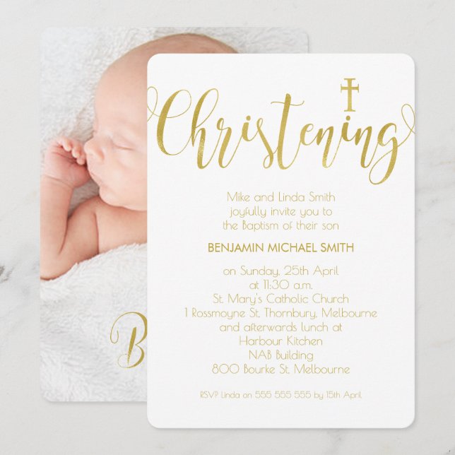 Faux Gold Calligraphy Photo Christening Invitation (Front/Back)