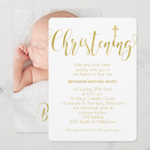 Faux Gold Calligraphy Photo Christening Invitation