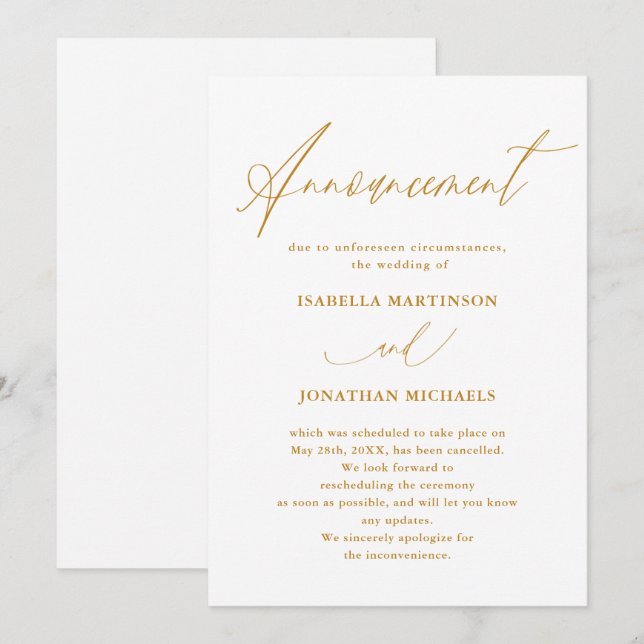 Faux Gold Calligraphy Wedding Cancellation Invitation (Front/Back)
