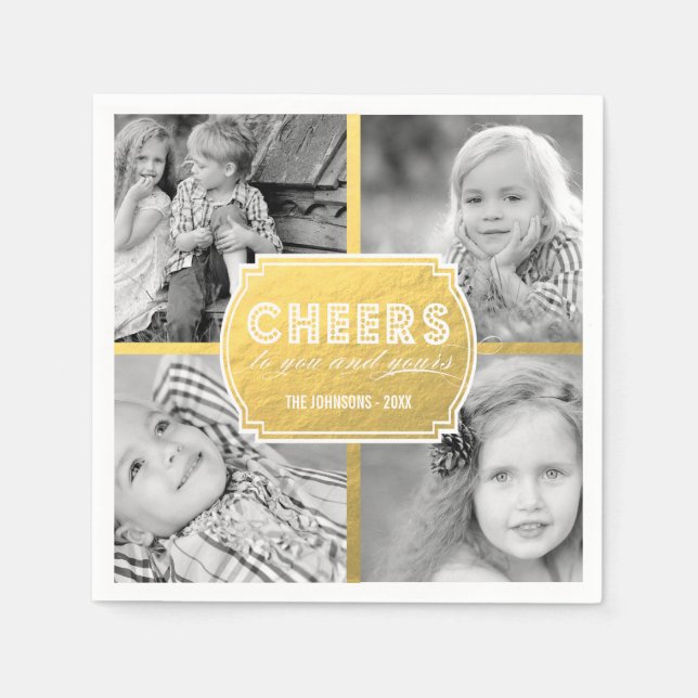 Faux Gold Cheers Photo Collage | Holiday Napkins (Front)