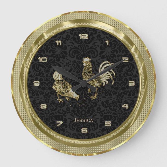 Faux Gold Chickens With Black Background 2 Large Clock (Front)
