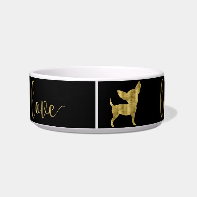 Faux Gold Chihuahua Love Black Pet Bowl (Back)