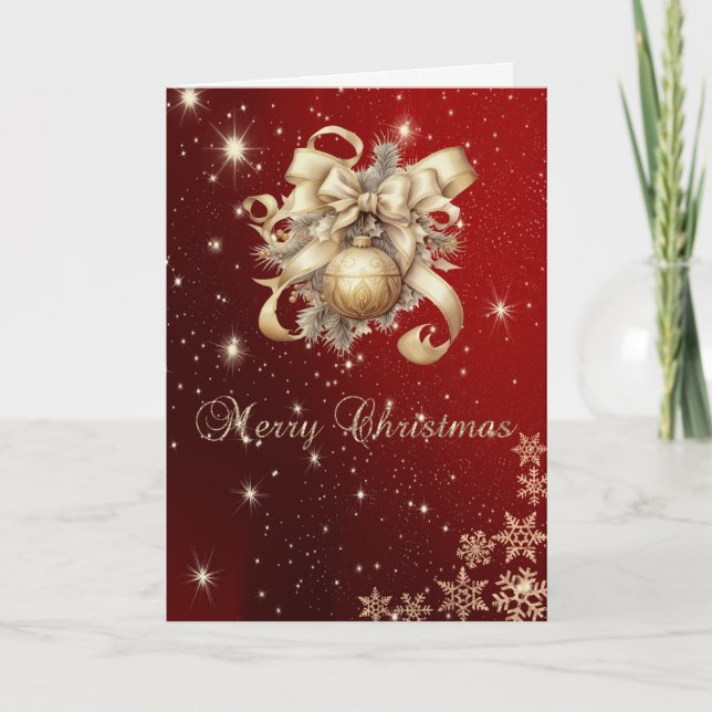 Faux Gold Christmas Ball Bow,Snowflakes Red Holiday Card (Front)