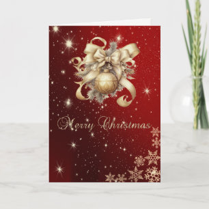 Faux Gold Christmas Ball Bow,Snowflakes Red Holiday Card