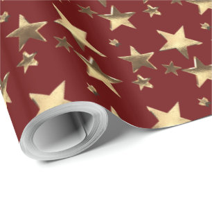 Faux Gold Christmas Stars Pattern Burgundy Red Wrapping Paper