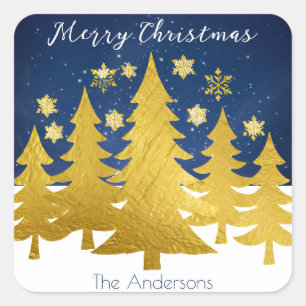Faux Gold Christmas Trees in Winter Snow Festive Square Sticker