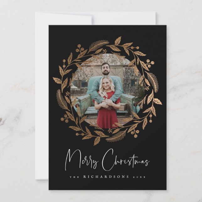 Faux Gold Christmas Wreath Holiday Photo Card (Front)