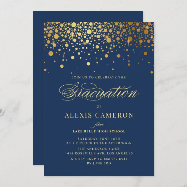 Faux Gold Confetti Dots Navy Blue Graduation Invitation (Front/Back)