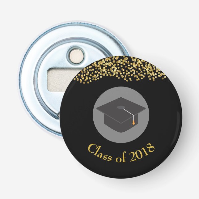 Faux Gold Confetti & Graduation Cap Class of 20xx Bottle Opener (Front)