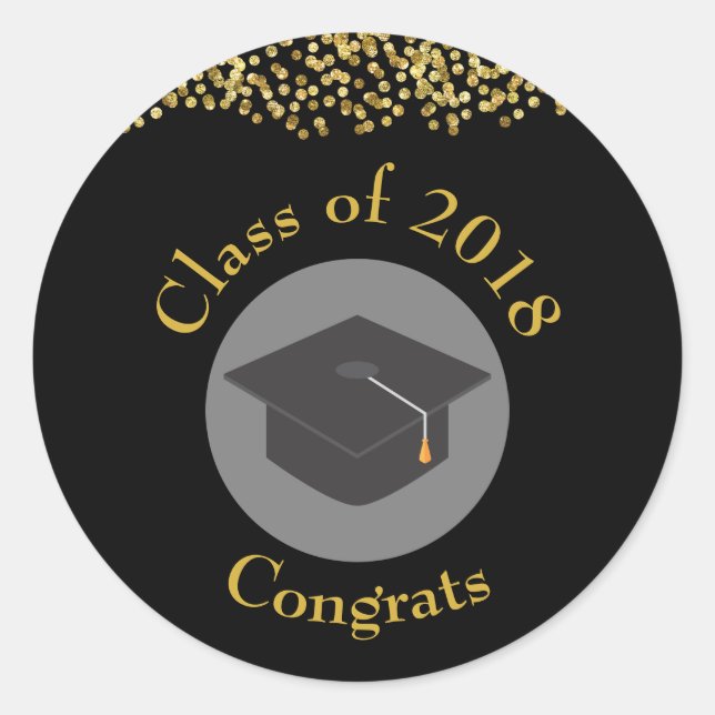 Faux Gold Confetti & Graduation Cap Class of 20xx Classic Round Sticker (Front)