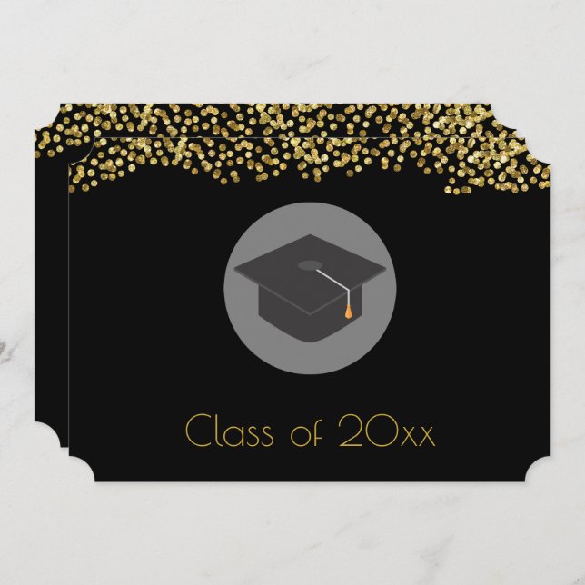 Faux Gold Confetti & Graduation Cap Class of 20xx Invitation (Front/Back)