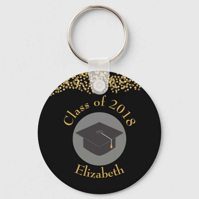 Faux Gold Confetti & Graduation Cap Class of 20xx Key Ring (Front)