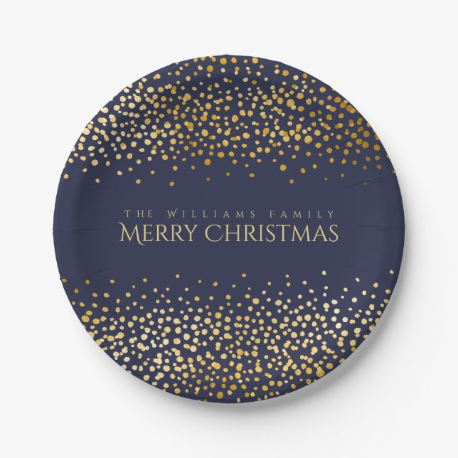 Faux Gold Confetti Merry Christmas Monogram Blue Paper Plate (Front)