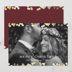 Faux Gold Confetti Merry Christmas Photo Red Holiday Card