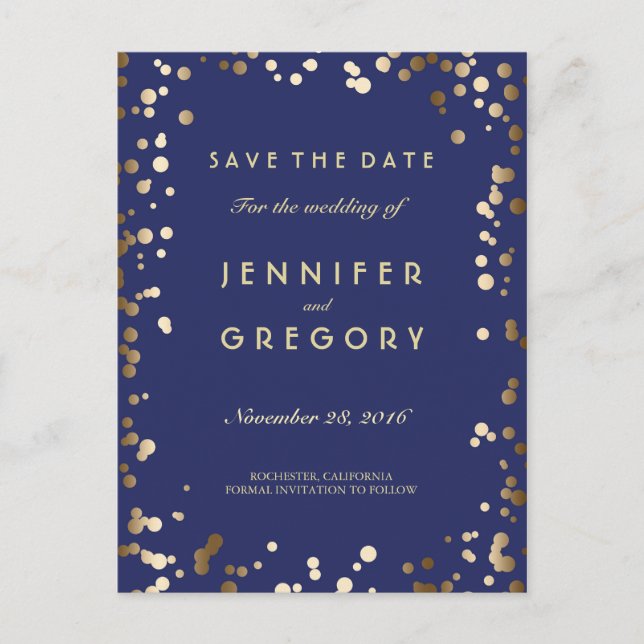 Faux Gold Confetti Navy Save the Date Postcards (Front)